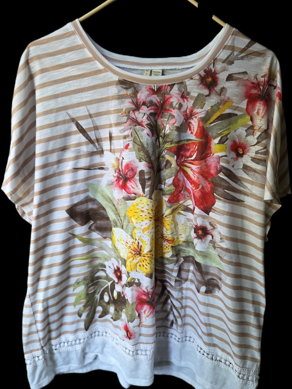Cato Beige Stripe Short Sleeve Top with Red Pink and Yellow Floral